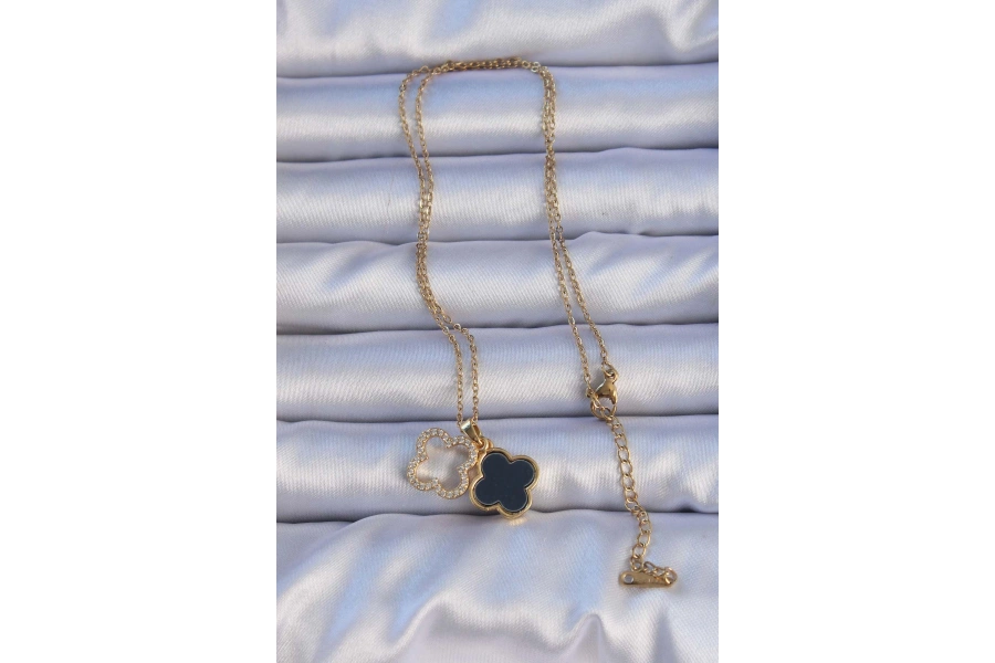 Shoecide 316l Çelik Gold Renk Siyah Mineli Zirkon Taşlı Yonca Figürlü Kolye