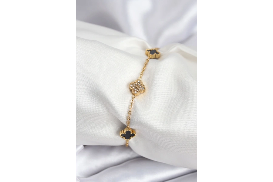 Shoecide 316l Çelik Gold Renk Siyah Ve Zirkon Taşlı Baby Boy Yonca Kadın Bileklik