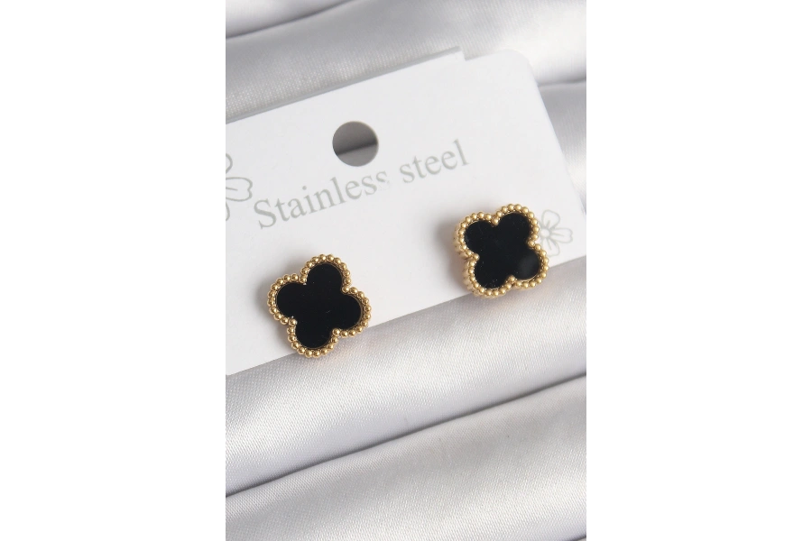 Shoecide 316l Çelik Gold Renk Siyah Yonca Model Kadın Küpe