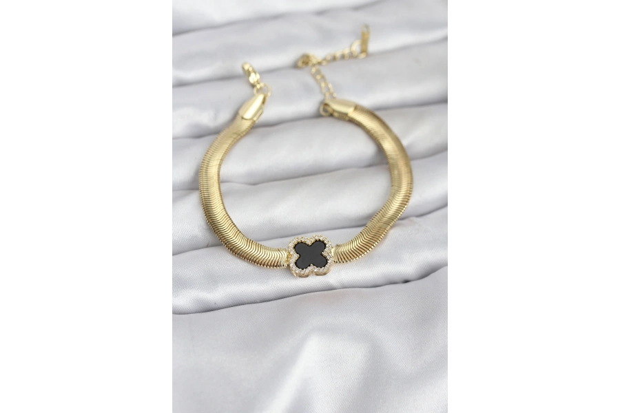 Shoecide 316l Çelik Gold Renk Siyah Yonca Model Zirkon Taşlı Yılan Zincirli Kadın Bileklik