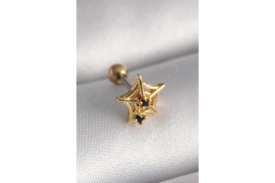 Shoecide 316l Çelik Gold Renk Siyah Zirkon Taş Detay Örümcek Ağ Model Tragus Piercing