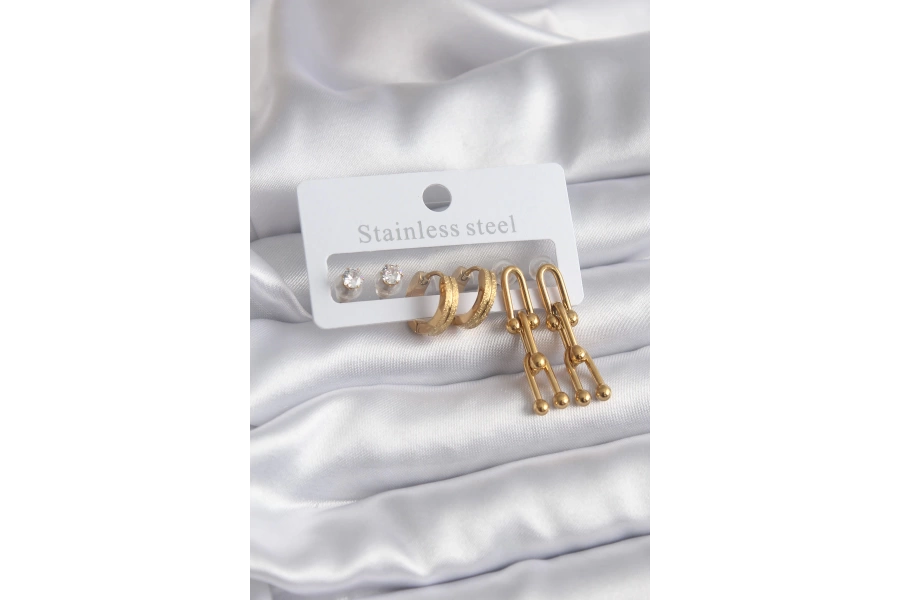 Shoecide 316l Çelik Gold Renk Tiffany Model Zirkon Taş Detay Kadın Küpe Seti