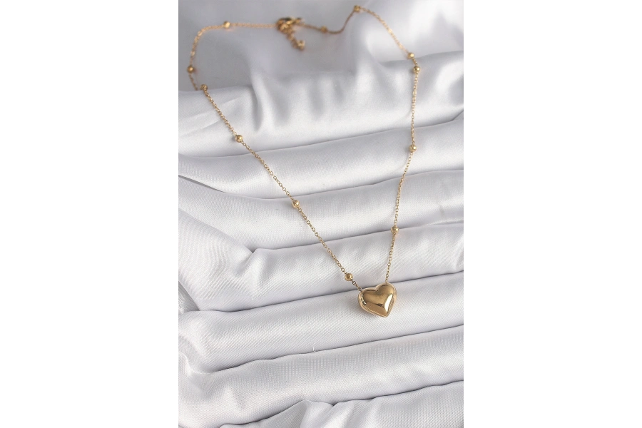 Shoecide 316l Çelik Gold Renk Topçuk Detaylı Zincir Kalp Model Kadın Kolye