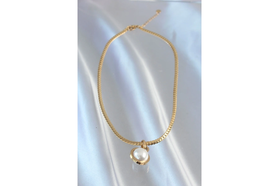 Shoecide 316l Çelik Gold Renk Yassı Zincir İnci Taşlı Kolye