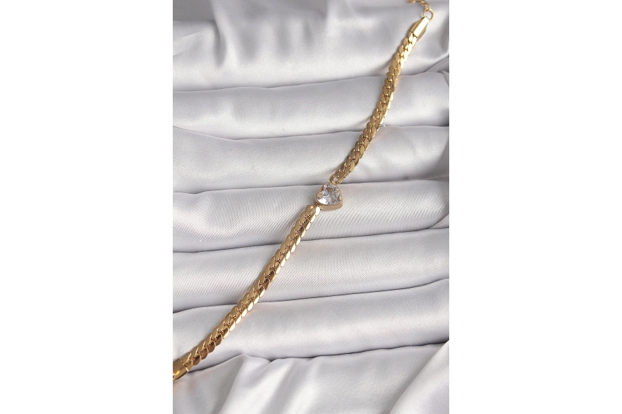 Shoecide 316l Çelik Gold Renk Yassı Zincir Model Zirkon Taşlı Kalp Figür Kadın Bileklik