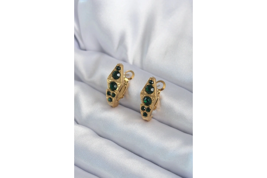 Shoecide 316l Çelik Gold Renk Yeşil Kristal Taş Detay Yılan Model Kadın Küpe