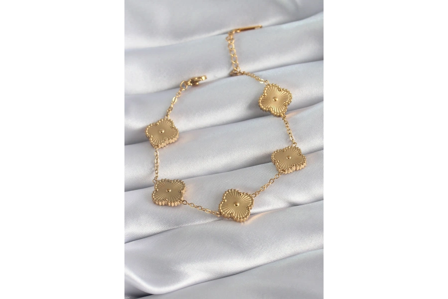 Shoecide 316l Çelik Gold Renk Yonca Model İşleme Detay Kadın Bileklik