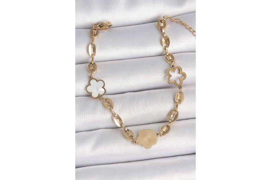 Shoecide 316l Çelik Gold Renk Yonca Model İşleme Detaylı Kadın Bileklik