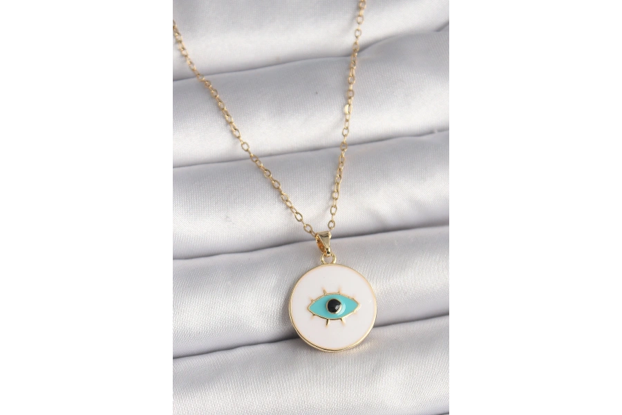 Shoecide 316l Çelik Gold Renk Zincir Beyaz Mineli Turkuaz Göz İşleme Model Kadın Kolye