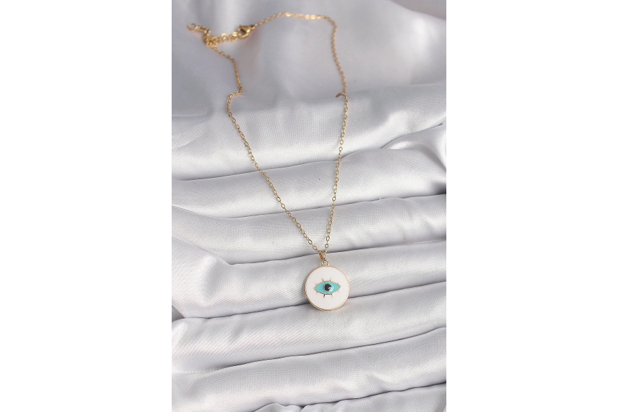 Shoecide 316l Çelik Gold Renk Zincir Beyaz Mineli Turkuaz Göz İşleme Model Kadın Kolye