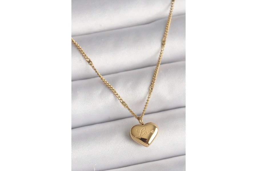 Shoecide 316l Çelik Gold Renk Zincir Love İşlemeli Kalp Figür Kadın Kolye