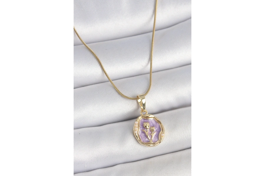 Shoecide 316l Çelik Gold Renk Zincir Mor Mineli Çiçek İşlemeli Portre Model Kadın Kolye