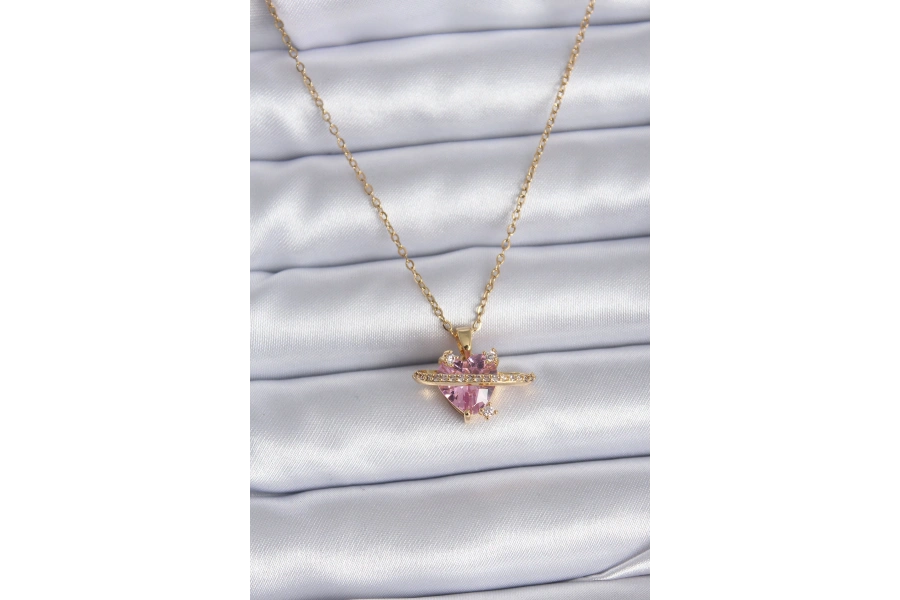 Shoecide 316l Çelik Gold Renk Zincir Pembe Kristal Kalp Model Zirkon Taş Detay Kadın Kolye