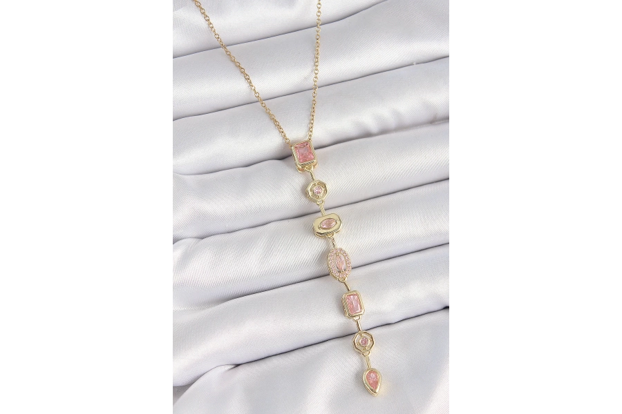 Shoecide 316l Çelik Gold Renk Zincir Pembe Zirkon Taşlı Y Model Dekolte Kadın Kolye