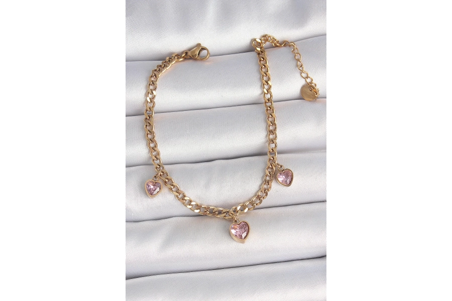 Shoecide 316l Çelik Gold Renk Zincir Sallantı Pembe Zirkon Taşlı Kalp Model Kadın Bileklik