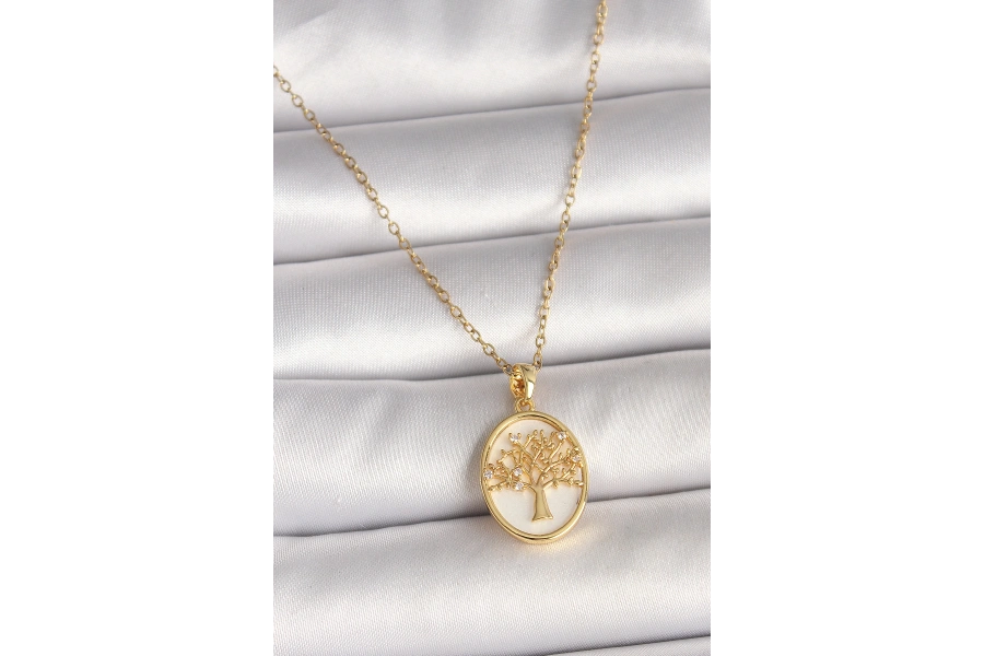 Shoecide 316l Çelik Gold Renk Zincir Zirkon Taş Detaylı Beyaz Mineli Ağaç İşlemeli Portre Model Kadın Kolye