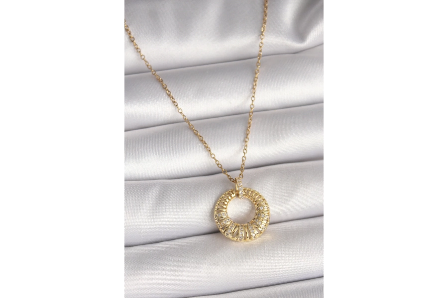 Shoecide 316l Çelik Gold Renk Zincir Zirkon Taş İşlemeli Daire Model Kadın Kolye