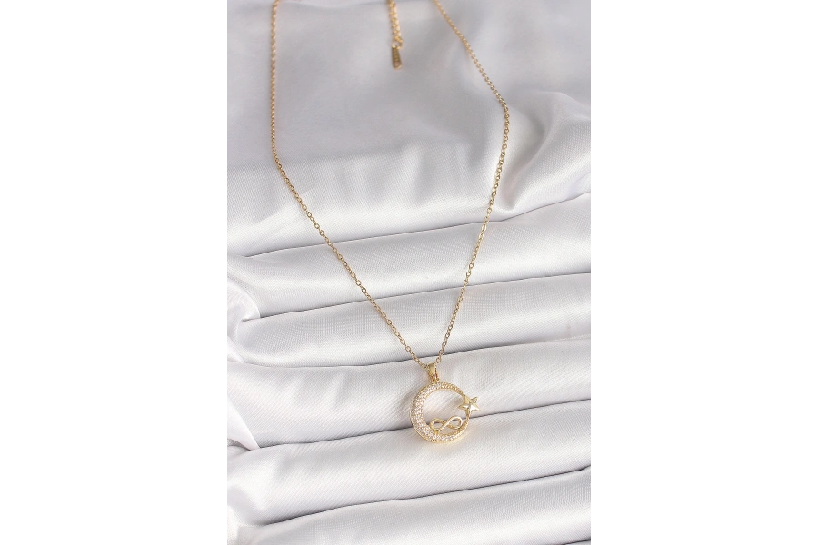 Shoecide 316l Çelik Gold Renk Zincir Zirkon Taşlı Ay Yıldız Model Sonsuzluk Detay Kadın Kolye