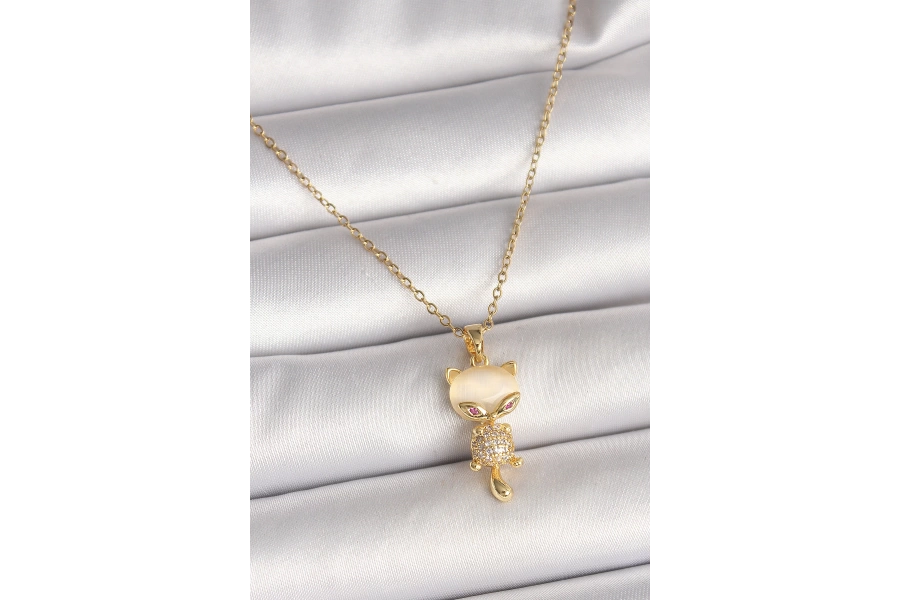 Shoecide 316l Çelik Gold Renk Zincir Zirkon Taşlı Kedi Model Kadın Kolye