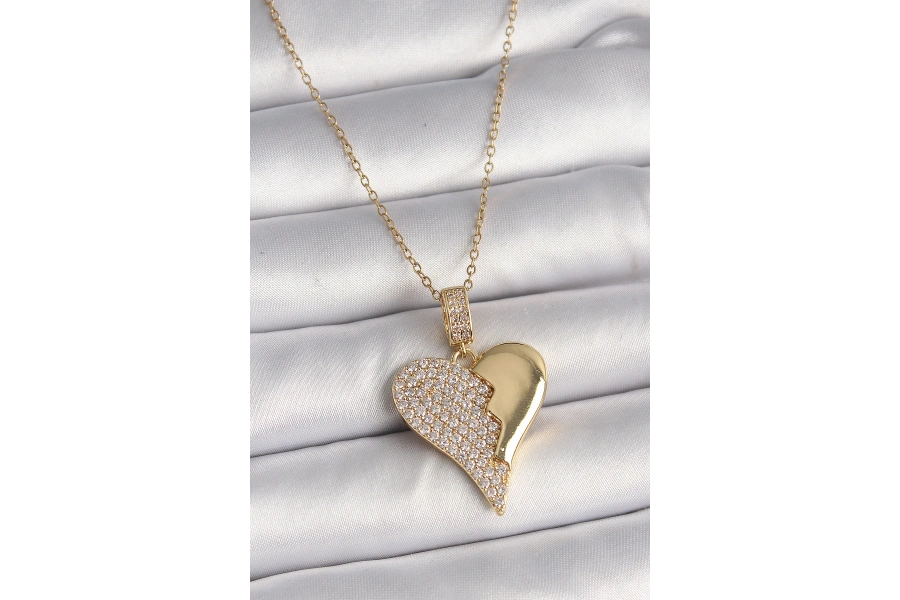 Shoecide 316l Çelik Gold Renk Zincir Zirkon Taşlı Kırık Kalp Model Kadın Kolye