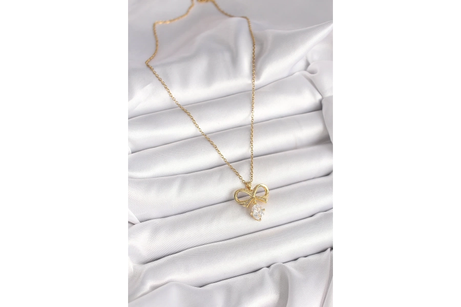 Shoecide 316l Çelik Gold Renk Zincir Zirkon Taşlı Kurdele Model Kadın Kolye