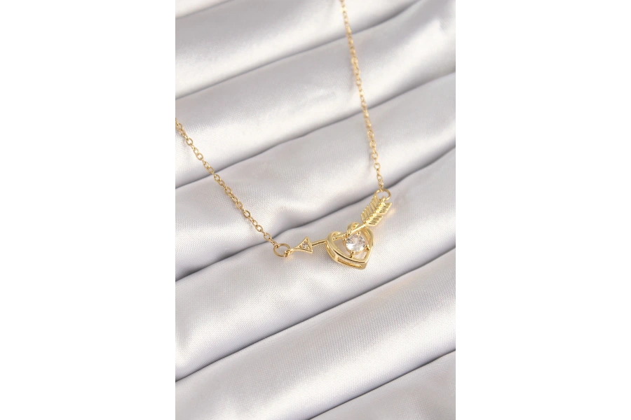 Shoecide 316l Çelik Gold Renk Zincir Zirkon Taşlı Ok Kalp Model Kadın Kolye