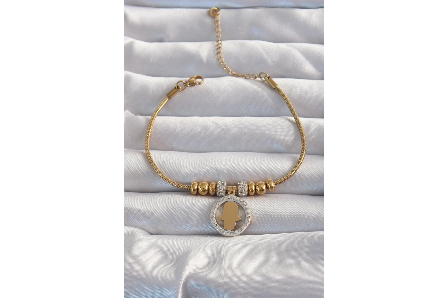 Shoecide 316l Çelik Gold Renk Zirkon Taş Aksesuarlı Fatma Ana Eli Bileklik