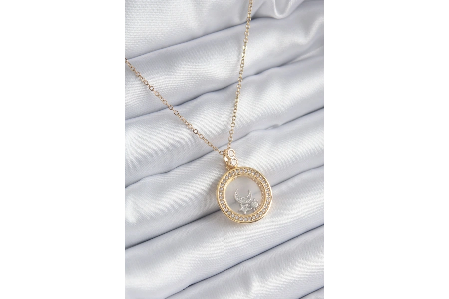 Shoecide 316l Çelik Gold Renk Zirkon Taş Detay Ay Yıldız Fanus Model Kadın Kolye