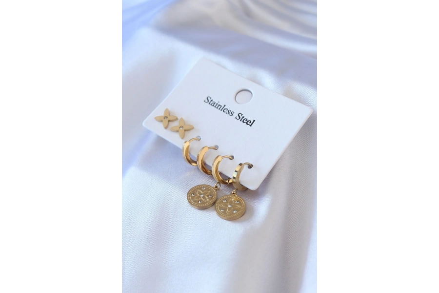 Shoecide 316l Çelik Gold Renk Zirkon Taş Detay Çiçek İşleme Kadın Küpe Seti