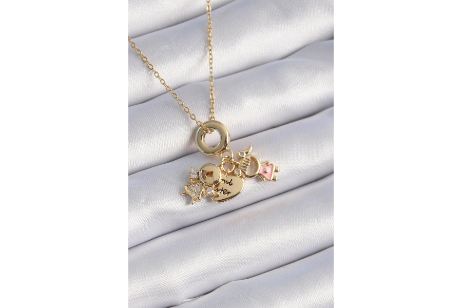 Shoecide 316l Çelik Gold Renk Zirkon Taş Detay Çocuk Figür Charm Model Kadın Kolye