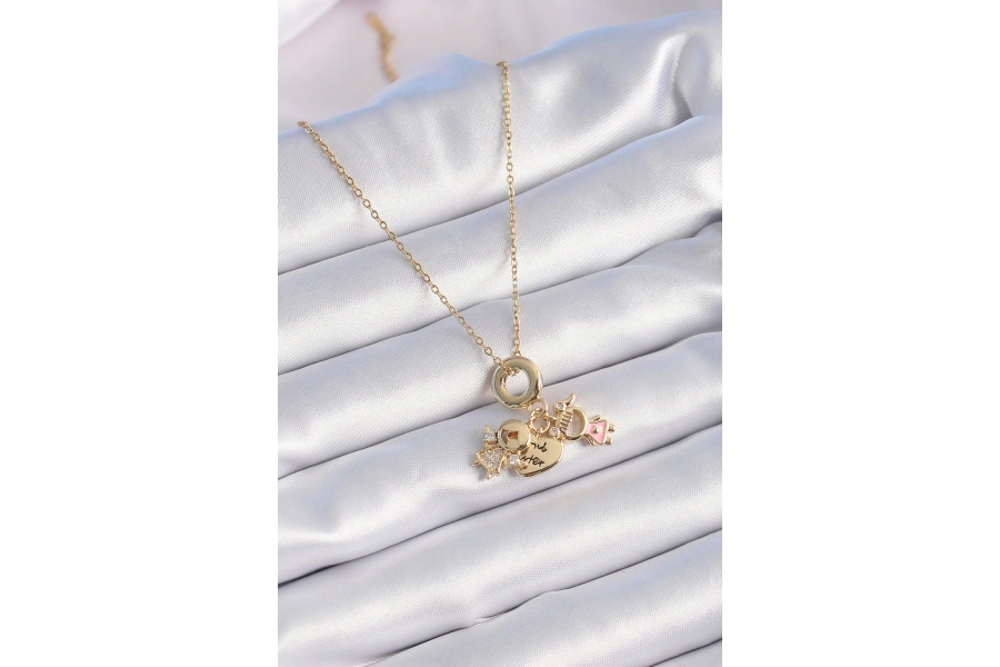 Shoecide 316l Çelik Gold Renk Zirkon Taş Detay Çocuk Figür Charm Model Kadın Kolye