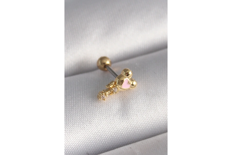 Shoecide 316l Çelik Gold Renk Zirkon Taş Detay Pembe Kalp İşleme Tragus Piercing