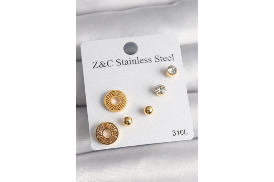 Shoecide 316l Çelik Gold Renk Zirkon Taşı Labirent Model Kadın Küpe Seti