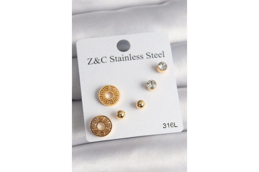 Shoecide 316l Çelik Gold Renk Zirkon Taşı Labirent Model Kadın Küpe Seti