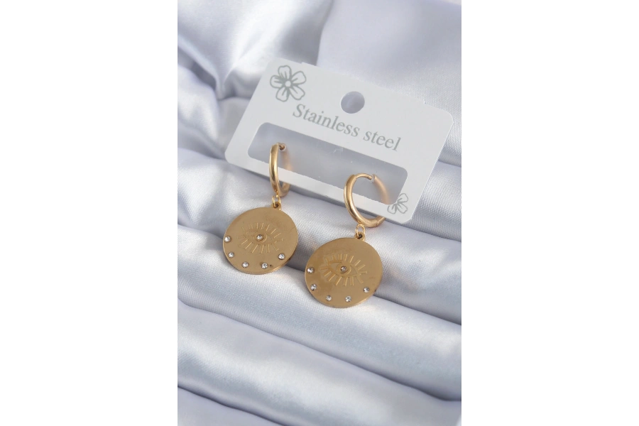 Shoecide 316l Çelik Gold Renk Zirkon Taşlı Göz İşleme Model Kadın Küpe