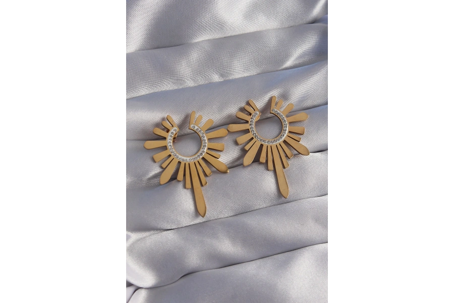 Shoecide 316l Çelik Gold Renk Zirkon Taşlı Güneş Figürlü Küpe