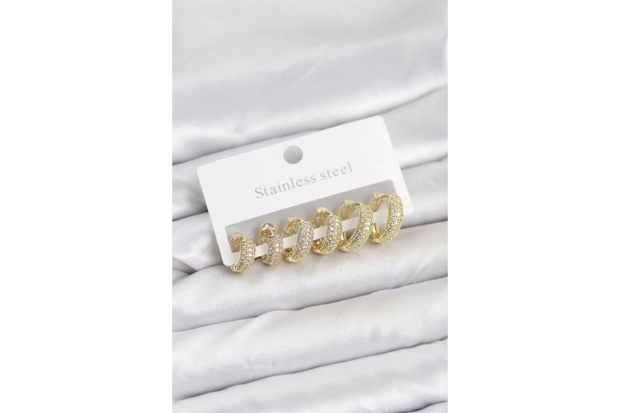 Shoecide 316l Çelik Gold Renk Zirkon Taşlı Halka Küpe Seti