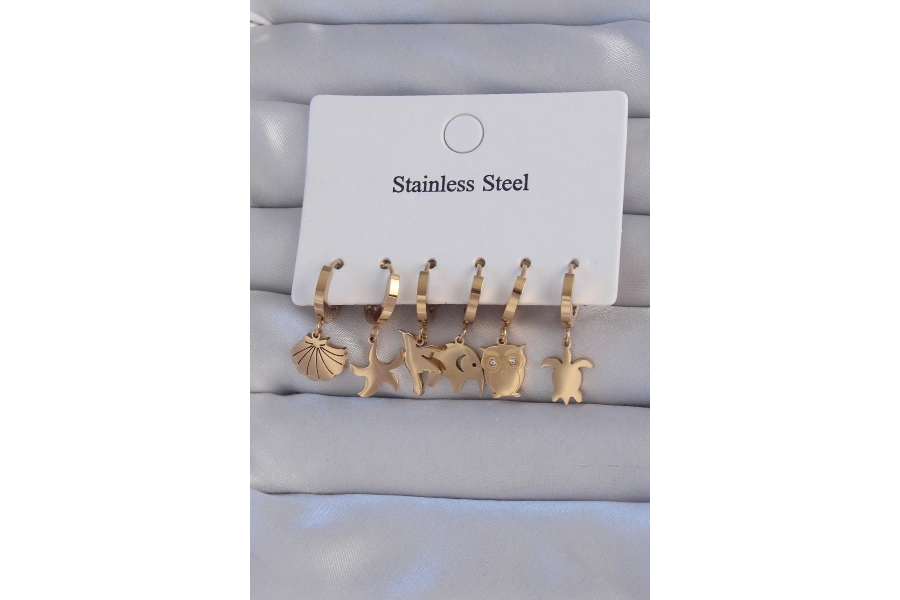 Shoecide 316l Çelik Gold Renk Zirkon Taşlı Hayvan Figürlü Deniz Yıldızı Model Halka Küpe Seti
