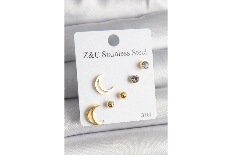 Shoecide 316l Çelik Gold Renk Zirkon Taşlı Hilal Model Kadın Küpe Seti