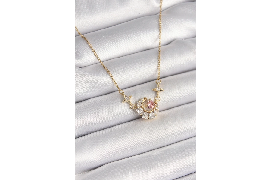 Shoecide 316l Çelik Gold Renk Zirkon Taşlı Hilal Pembe Kalp Model Kadın Kolye