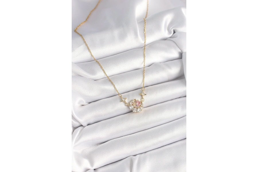 Shoecide 316l Çelik Gold Renk Zirkon Taşlı Hilal Pembe Kalp Model Kadın Kolye
