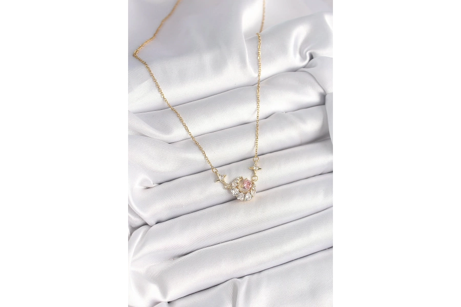 Shoecide 316l Çelik Gold Renk Zirkon Taşlı Hilal Pembe Kalp Model Kadın Kolye