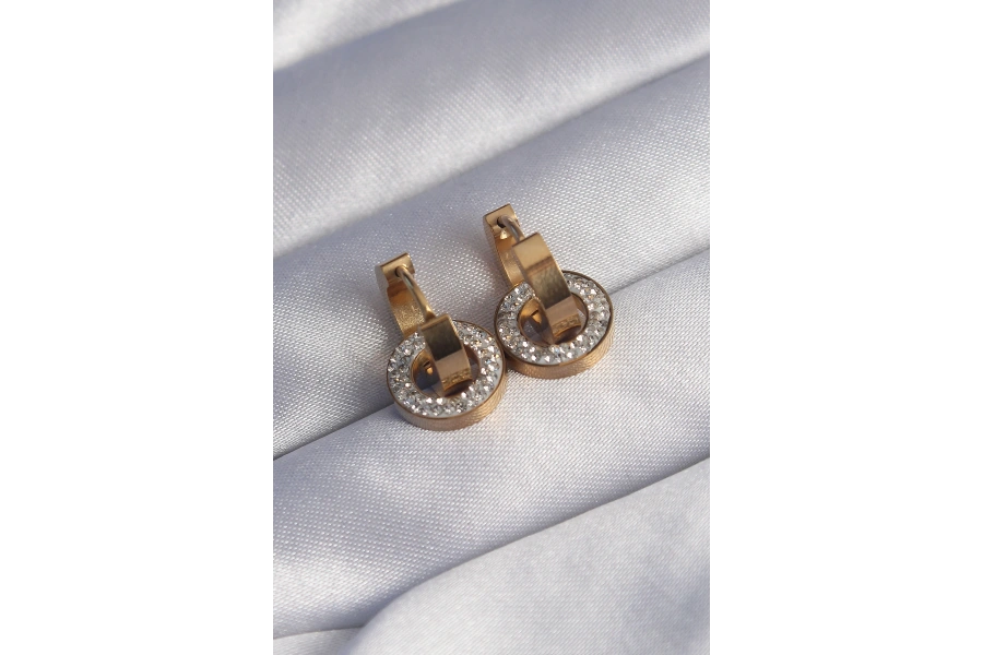 Shoecide 316l Çelik Gold Renk Zirkon Taşlı İç İçe Geçmeli Oval Küpe