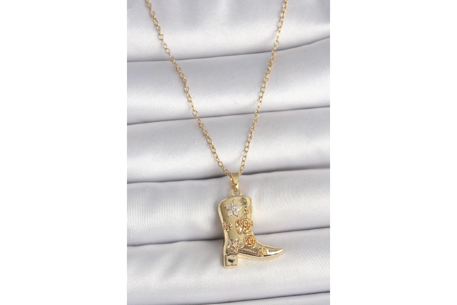Shoecide 316l Çelik Gold Renk Zirkon Taşlı İşleme Detaylı Çizme Model Kadın Kolye