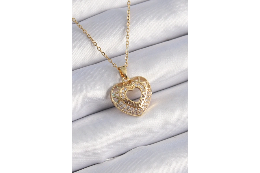 Shoecide 316l Çelik Gold Renk Zirkon Taşlı Kalp Model Vintage Kadın Kolye