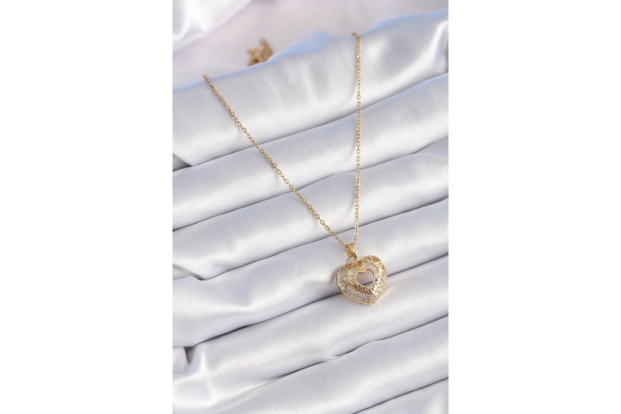 Shoecide 316l Çelik Gold Renk Zirkon Taşlı Kalp Model Vintage Kadın Kolye