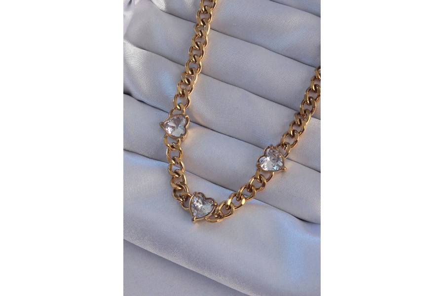 Shoecide 316l Çelik Gold Renk Zirkon Taşlı Kalp Model Zincir Kolye