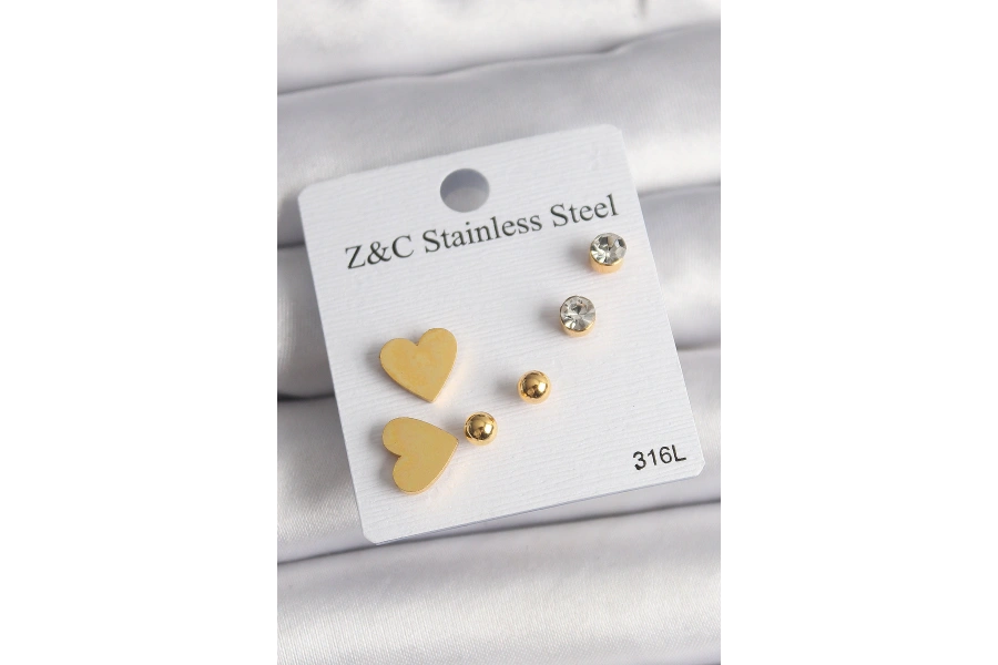 Shoecide 316l Çelik Gold Renk Zirkon Taşlı Kalpli Kadın Küpe Seti