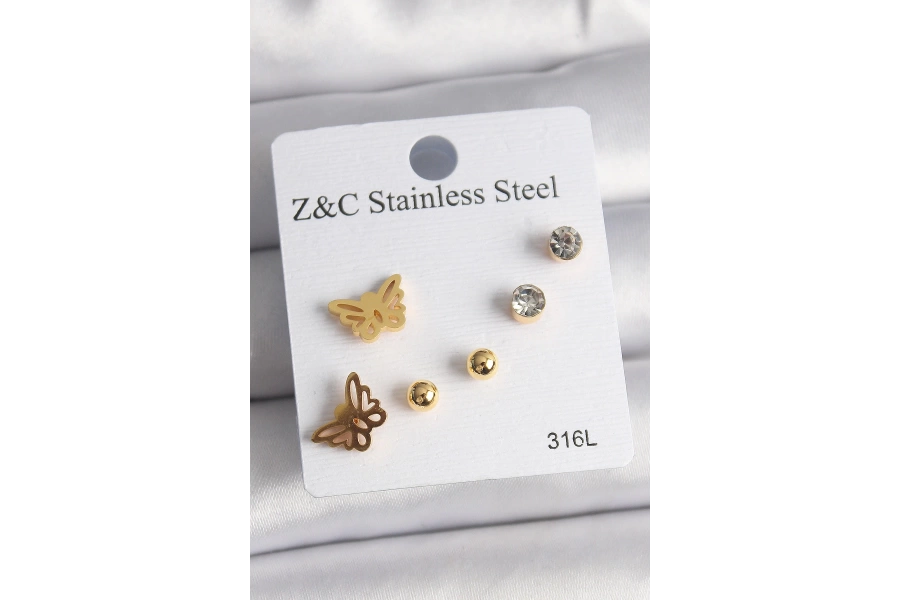 Shoecide 316l Çelik Gold Renk Zirkon Taşlı Kelebek Figür Kadın Küpe Seti