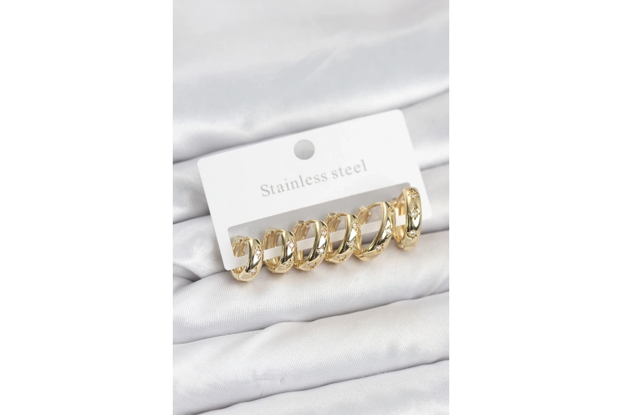 Shoecide 316l Çelik Gold Renk Zirkon Taşlı Kutup Yıldızı Model Halka Küpe Seti